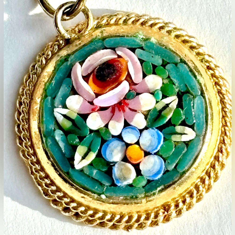 Vintage Micro Mini Mosaic Gold Tone Pendant Necklace Italy